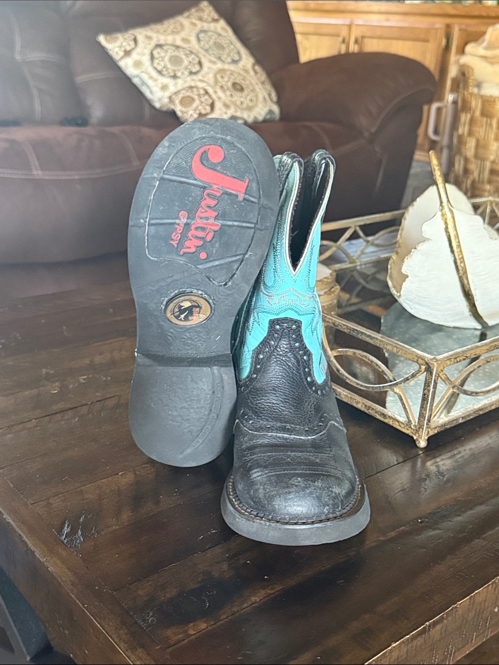 Justin Boots Gypsy Aqua Western Leather Ankle Boots with Turquoise Shaft
